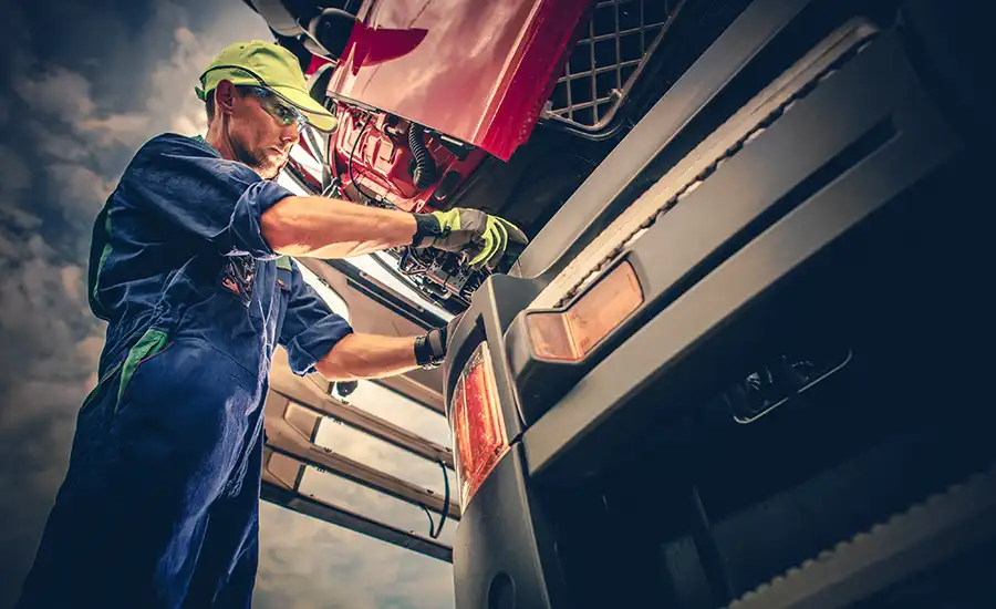 Mechanic in blue overalls repairing a truck.