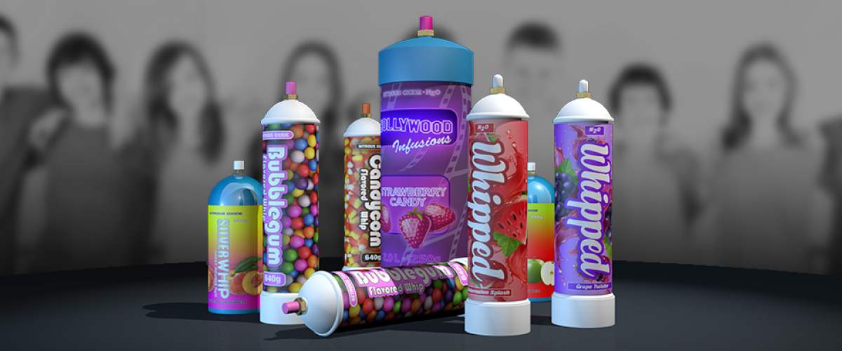Assorted colorful flavored nitrous oxide tanks and packaging sold in retail storefronts.